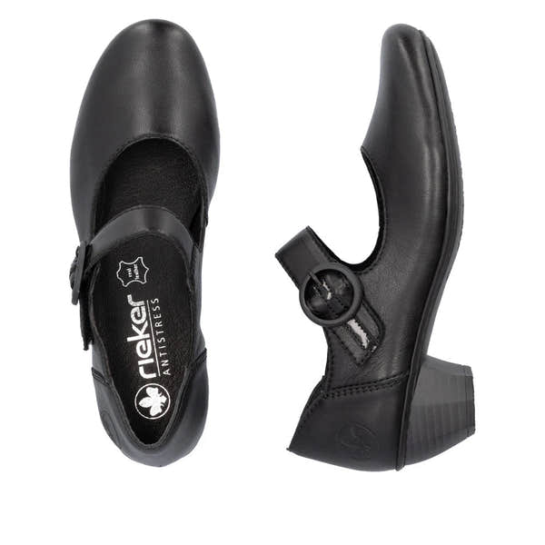 Rieker 41756-00 women's black leather buckle heels, two-angle product view.