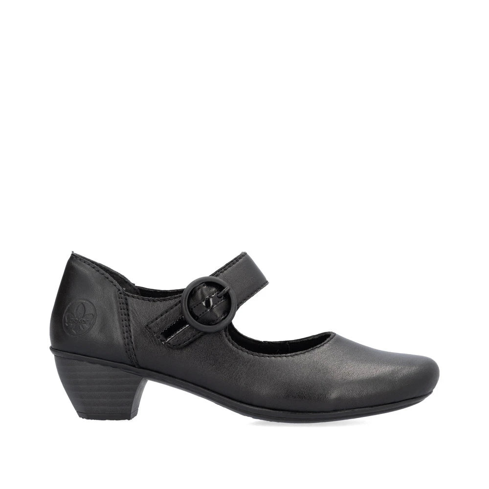 Rieker 41756-00 women's black leather buckle heels, opposite side view.
