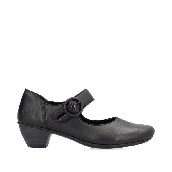 Rieker 41756-00 women's black leather buckle heels, opposite side view.