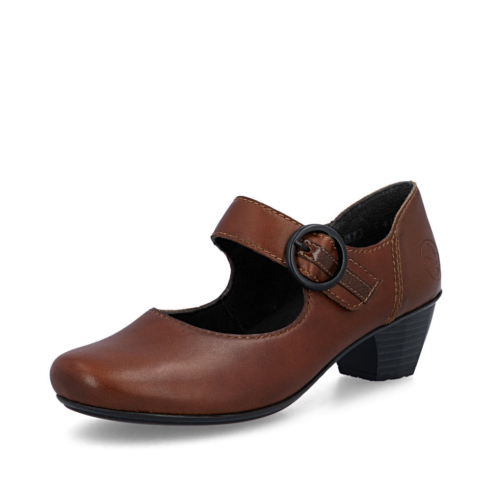 Rieker 41756-22 women's brown leather touch fastening shoes, front three-quarter view.