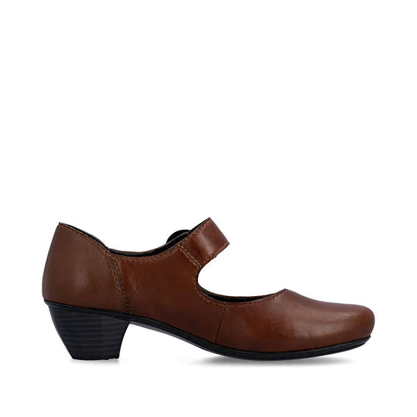 Rieker 41756-22 women's brown leather touch fastening shoes, outer side view.