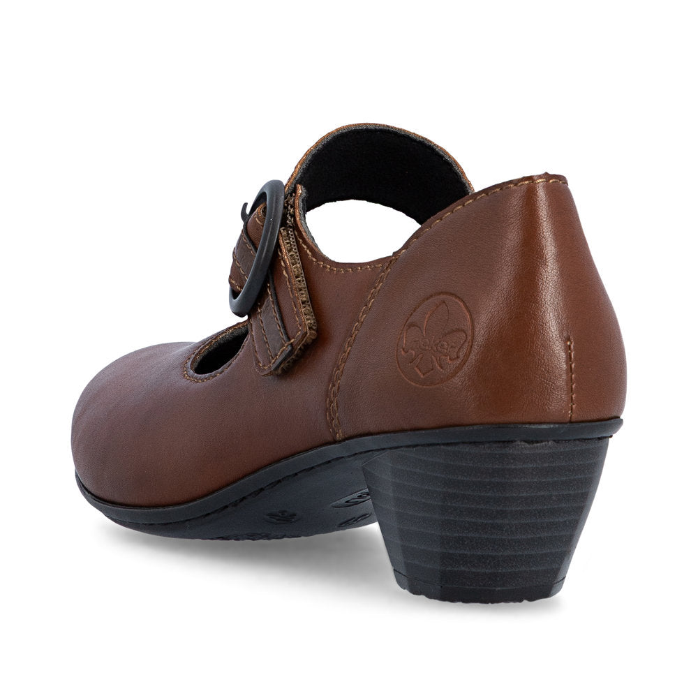 Rieker 41756-22 women's brown leather touch fastening shoes, rear three-quarter view.
