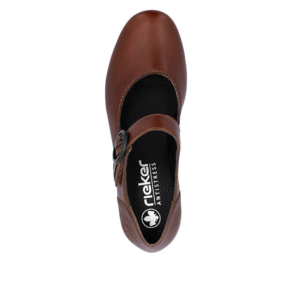 Rieker 41756-22 women's brown leather touch fastening shoes, top view.