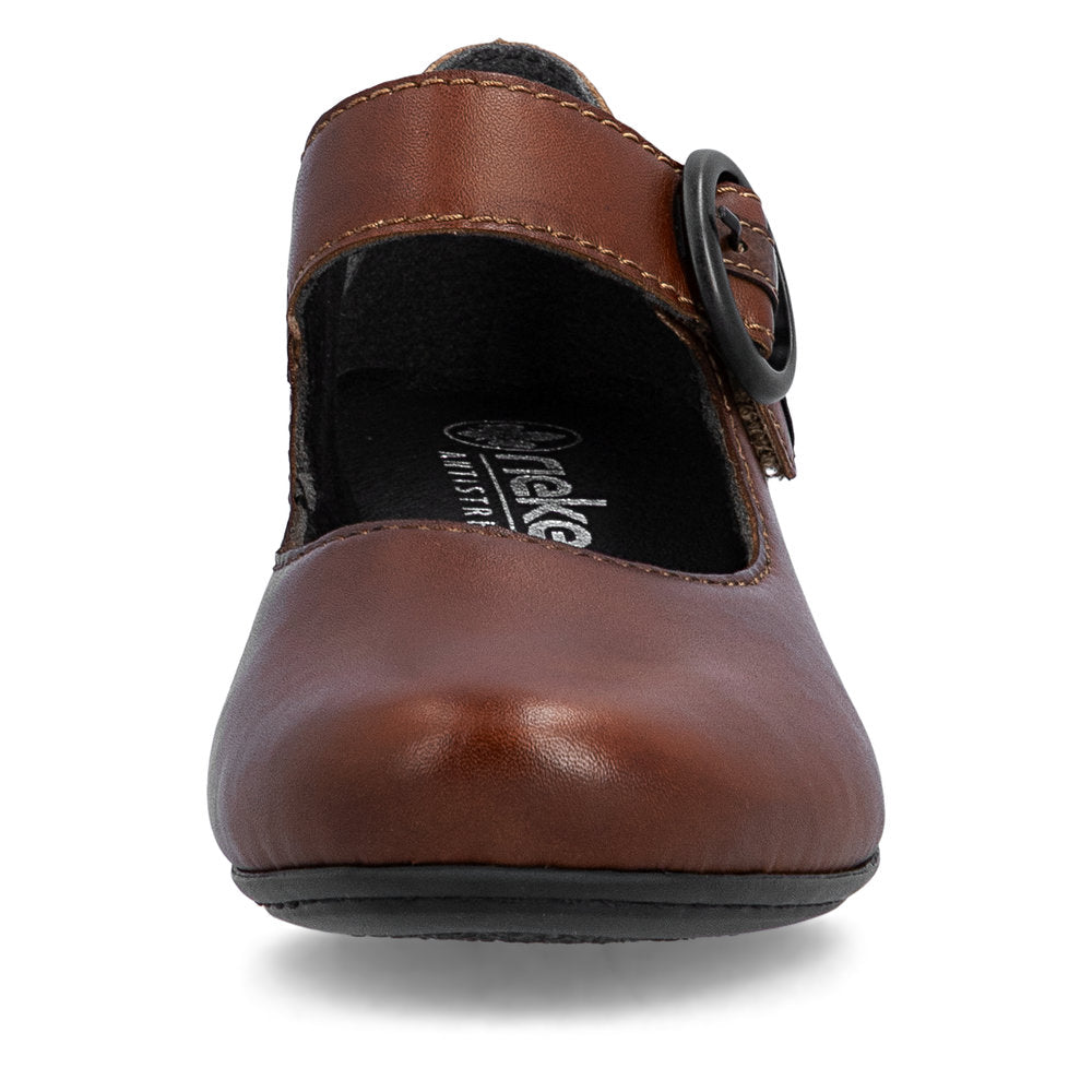 Rieker 41756-22 women's brown leather touch fastening shoes, front view.