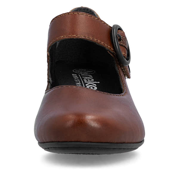 Rieker 41756-22 women's brown leather touch fastening shoes, front view.