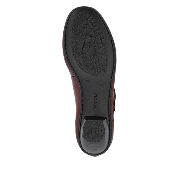 Rieker 41756-22 women's brown leather touch fastening shoes, sole and tread view.