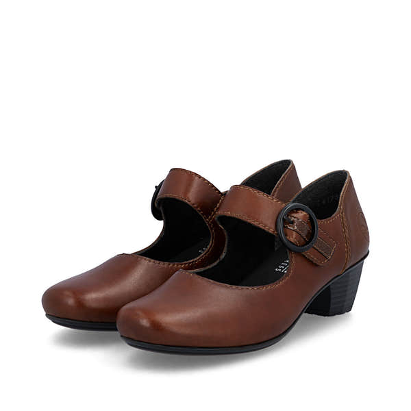 Rieker 41756-22 women's brown leather touch fastening shoes, paired three-quarter view.