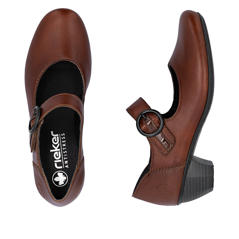 Rieker 41756-22 women's brown leather touch fastening shoes, two-angle product view.