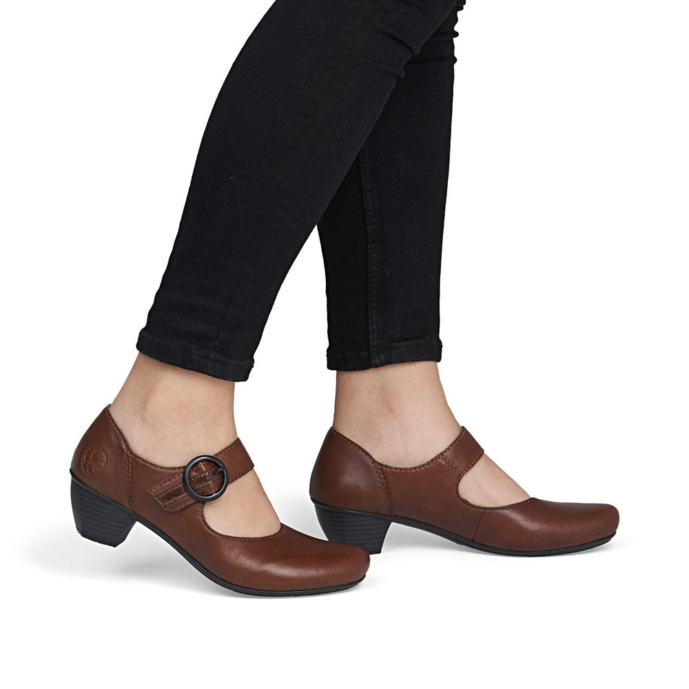 Rieker 41756-22 women's brown leather touch fastening shoes, on-foot lifestyle view.