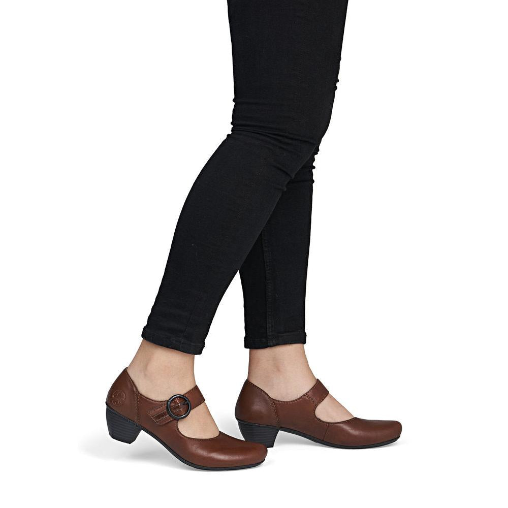 Rieker 41756-22 women's brown leather touch fastening shoes, on-foot lifestyle view.