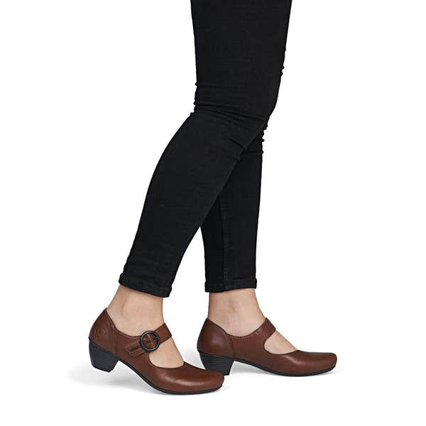Rieker 41756-22 women's brown leather touch fastening shoes, on-foot lifestyle view.