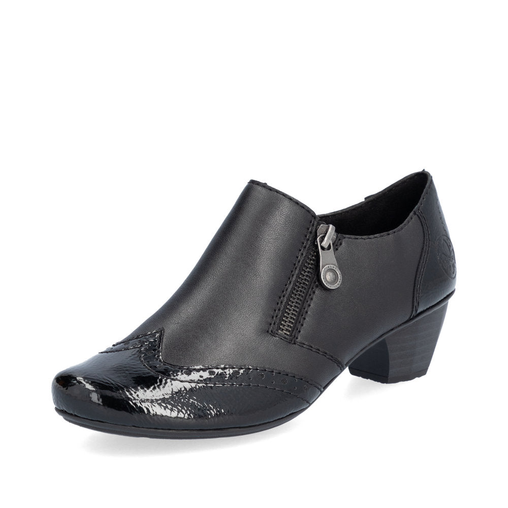 Rieker 41757-00 women's black leather side zip shoe boots, front three-quarter view.