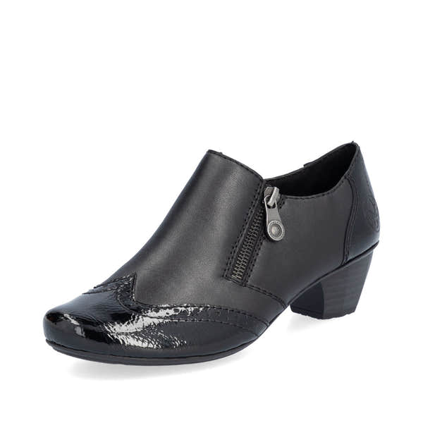 Rieker 41757-00 women's black leather side zip shoe boots, front three-quarter view.