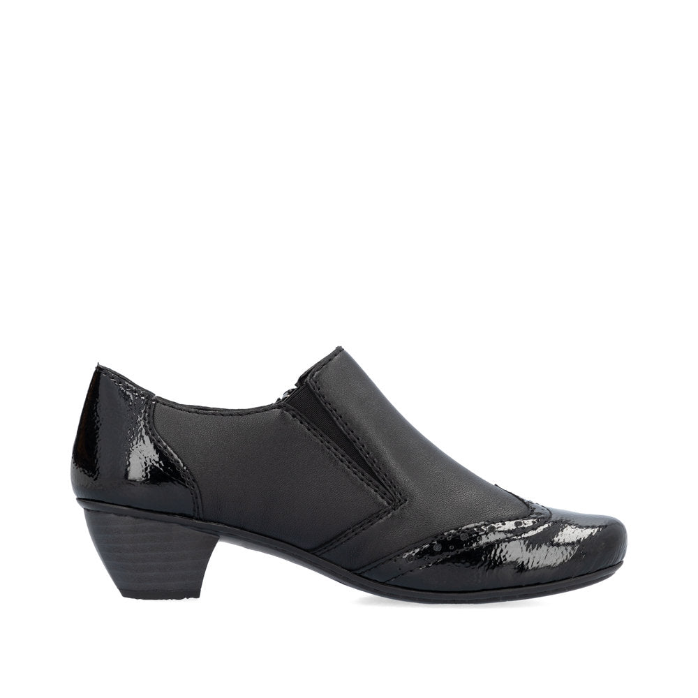 Rieker 41757-00 women's black leather side zip shoe boots, outer side view.