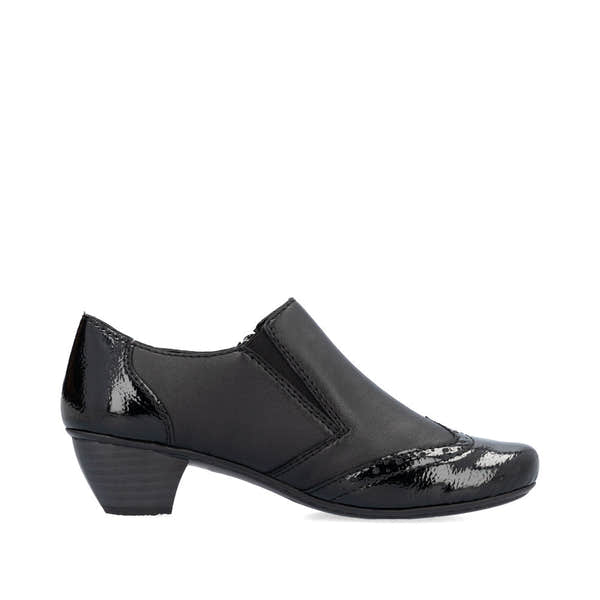 Rieker 41757-00 women's black leather side zip shoe boots, outer side view.
