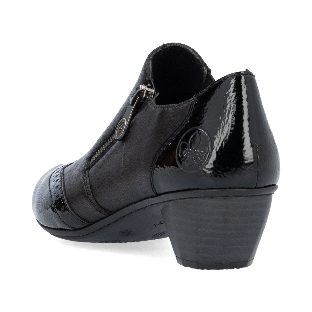 Rieker 41757-00 women's black leather side zip shoe boots, rear three-quarter view.