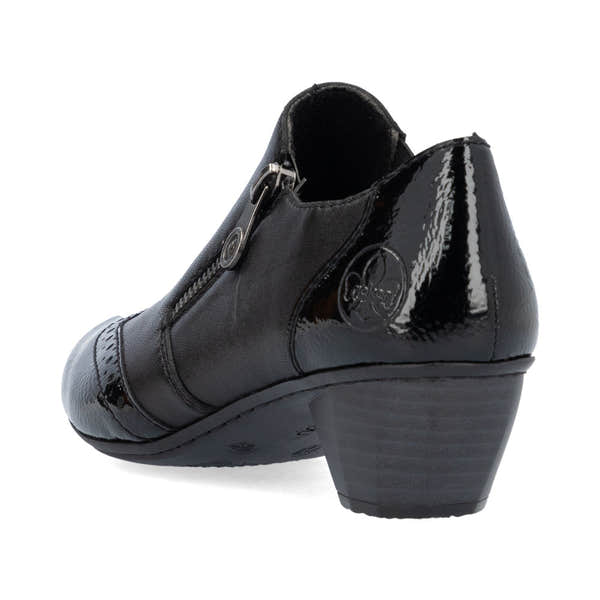 Rieker 41757-00 women's black leather side zip shoe boots, rear three-quarter view.
