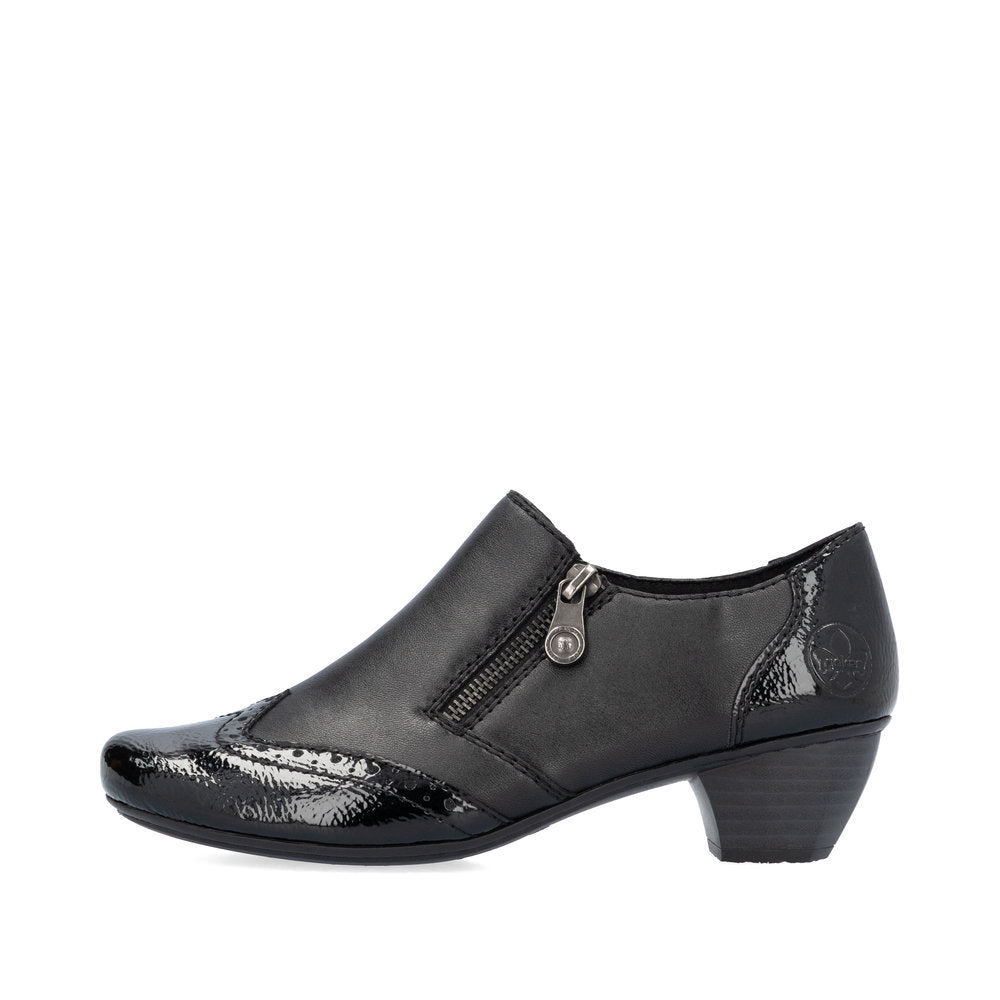 Rieker 41757-00 women's black leather side zip shoe boots, inner side view.