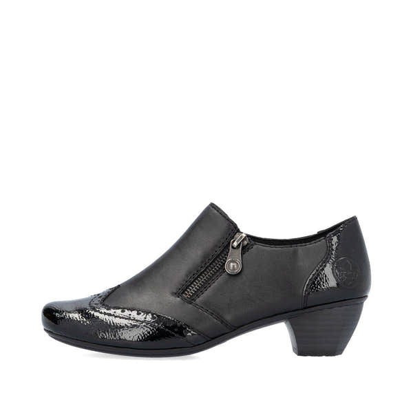 Rieker 41757-00 women's black leather side zip shoe boots, inner side view.