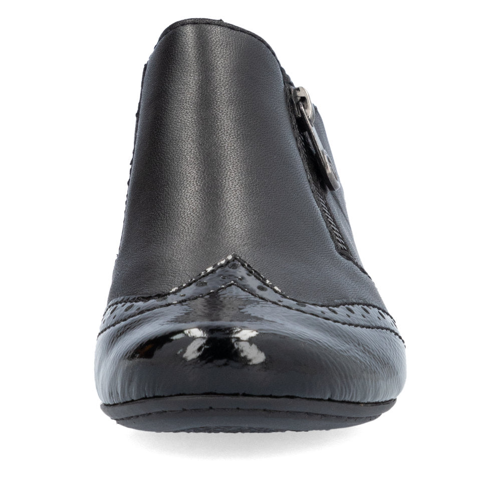 Rieker 41757-00 women's black leather side zip shoe boots, front view.