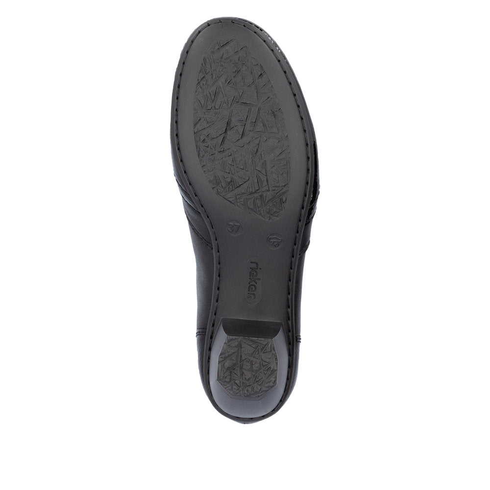 Rieker 41757-00 women's black leather side zip shoe boots, sole and tread view.