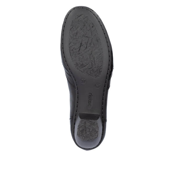 Rieker 41757-00 women's black leather side zip shoe boots, sole and tread view.