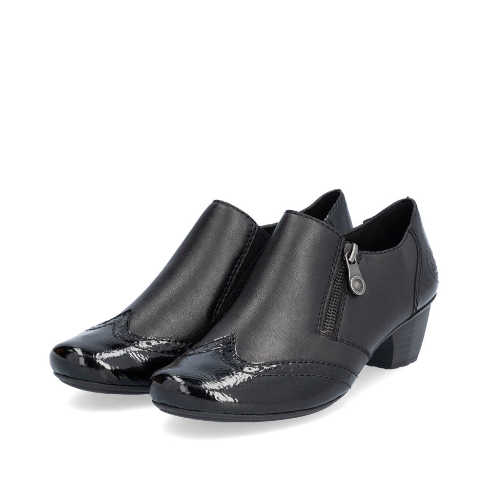 Rieker 41757-00 women's black leather side zip shoe boots, paired three-quarter view.