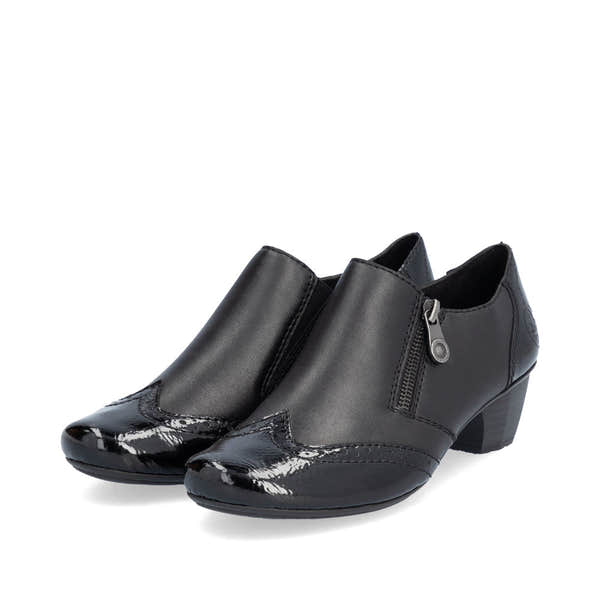 Rieker 41757-00 women's black leather side zip shoe boots, paired three-quarter view.