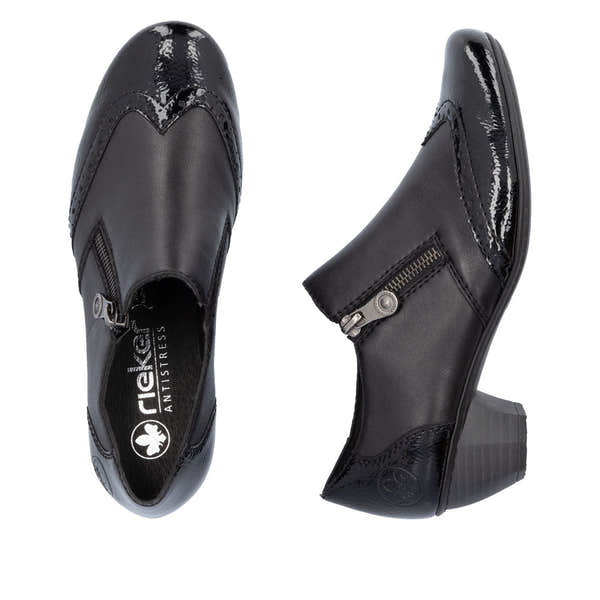 Rieker 41757-00 women's black leather side zip shoe boots, two-angle product view.