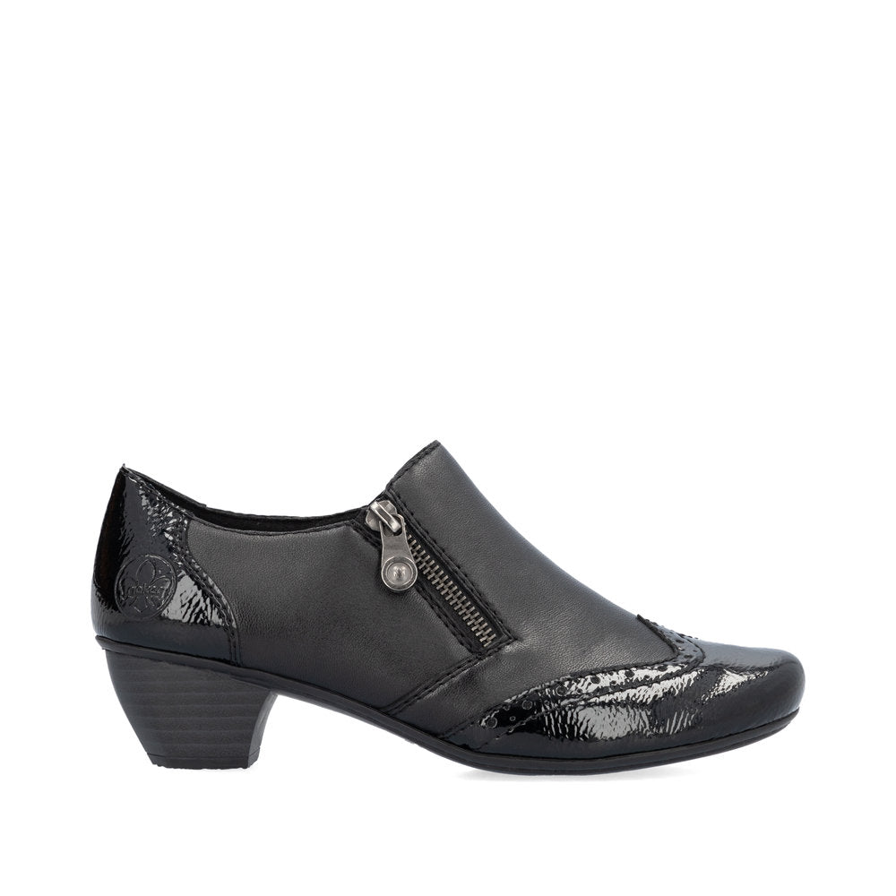 Rieker 41757-00 women's black leather side zip shoe boots, opposite side view.