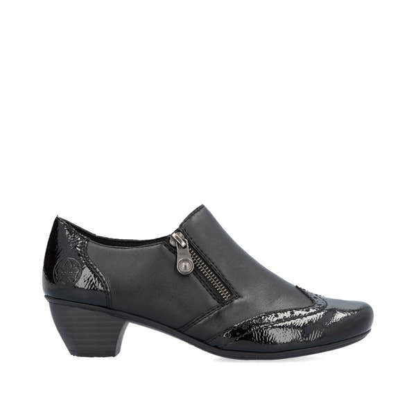 Rieker 41757-00 women's black leather side zip shoe boots, opposite side view.