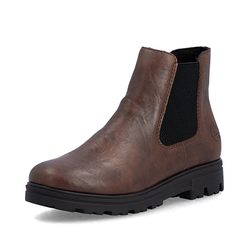 Rieker 43072-22 women's wide brown side zip ankle boots, front three-quarter view.