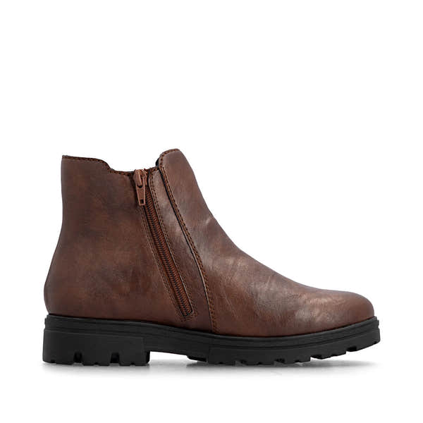 Rieker 43072-22 women's wide brown side zip ankle boots, outer side view.