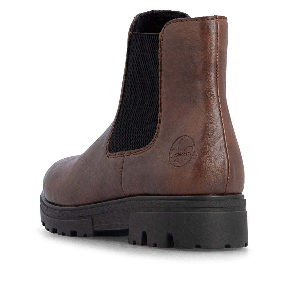 Rieker 43072-22 women's wide brown side zip ankle boots, rear three-quarter view.