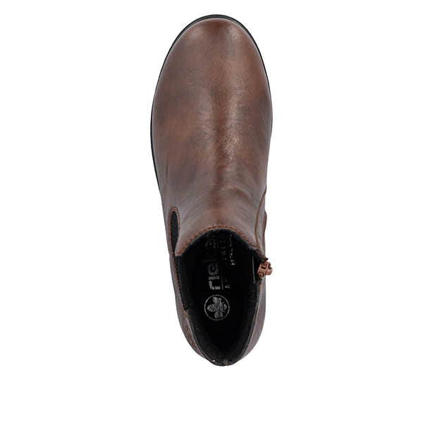 Rieker 43072-22 women's wide brown side zip ankle boots, top view.