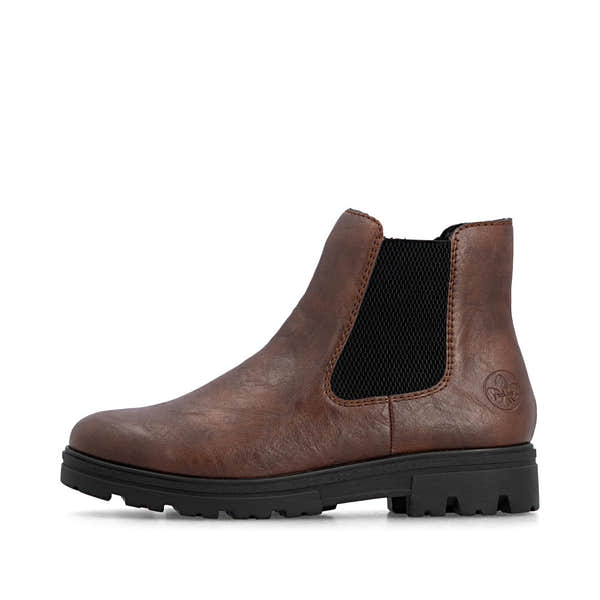 Rieker 43072-22 women's wide brown side zip ankle boots, inner side view.