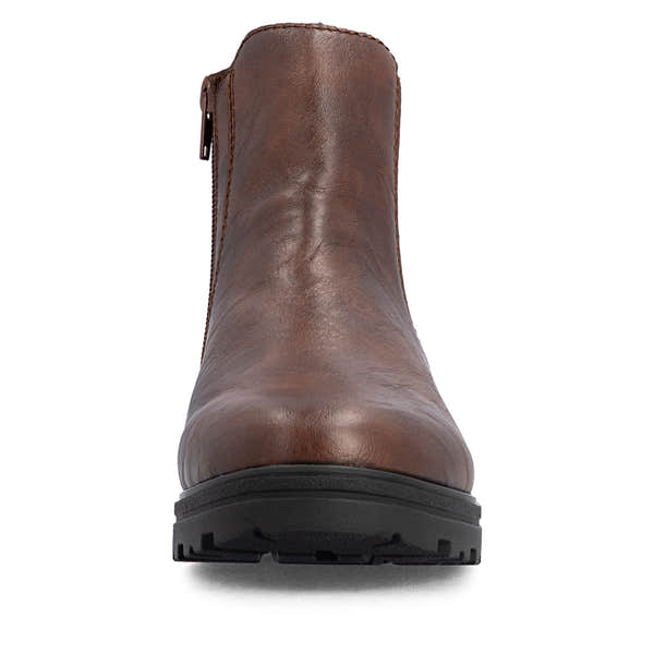 Rieker 43072-22 women's wide brown side zip ankle boots, front view.