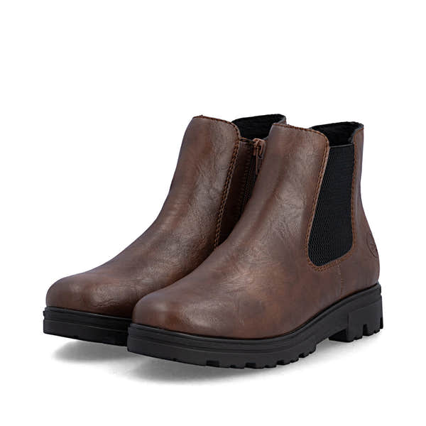 Rieker 43072-22 women's wide brown side zip ankle boots, paired three-quarter view.