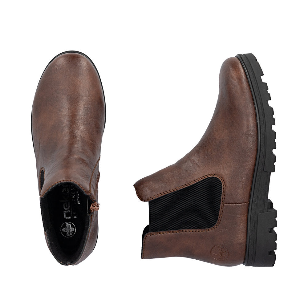 Rieker 43072-22 women's wide brown side zip ankle boots, two-angle product view.