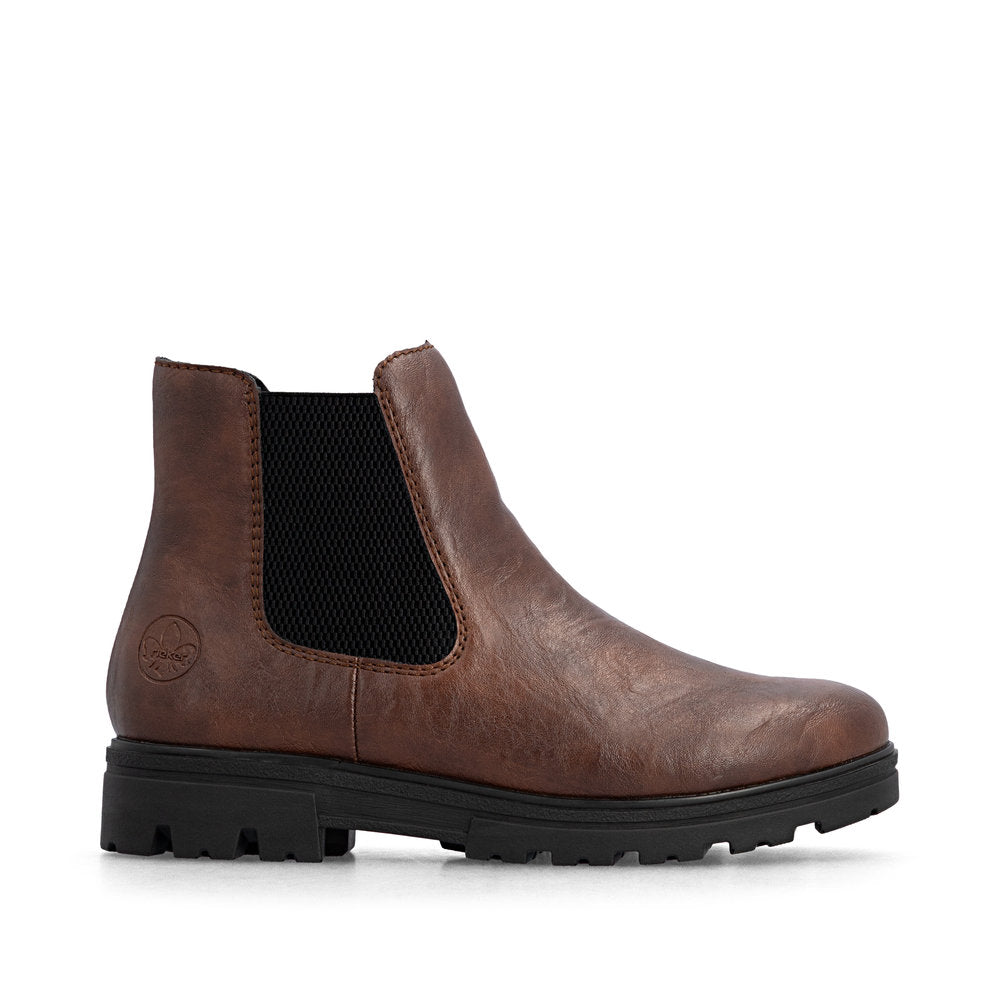 Rieker 43072-22 women's wide brown side zip ankle boots, opposite side view.
