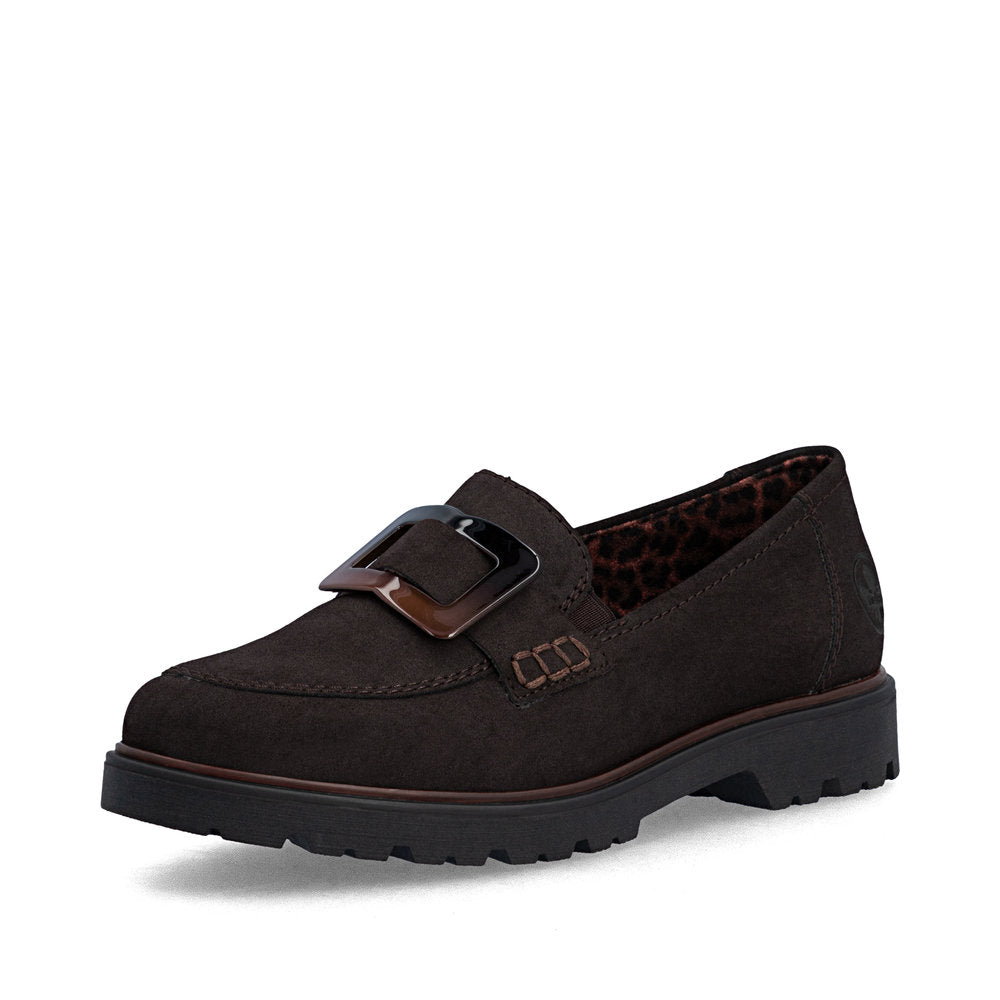 Rieker 45553-25 women's dark brown elasticated shoes, front three-quarter view.