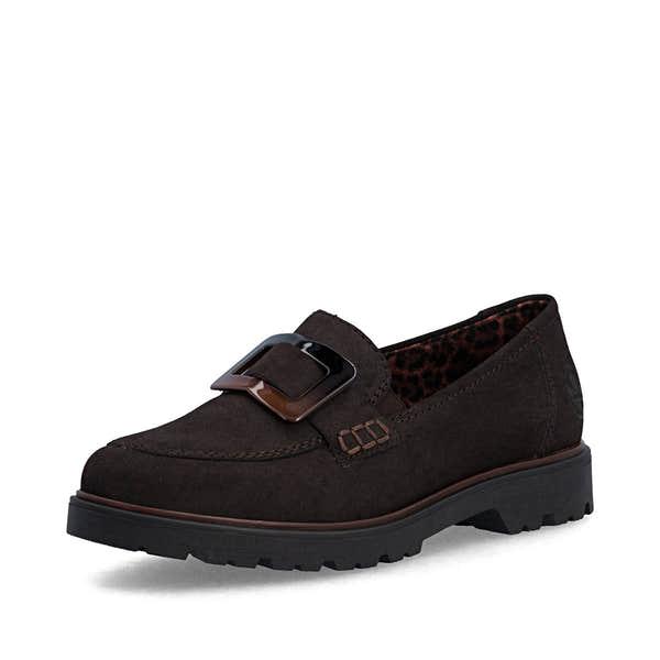 Rieker 45553-25 women's dark brown elasticated shoes, front three-quarter view.