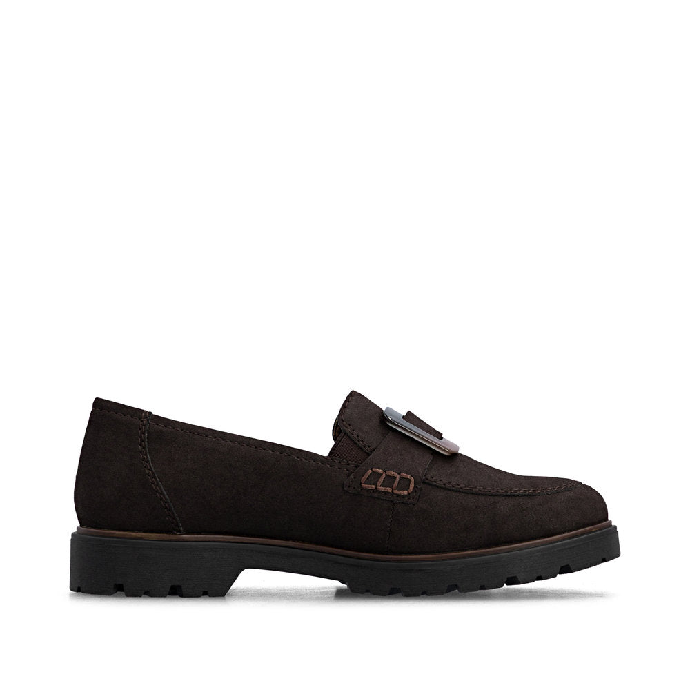 Rieker 45553-25 women's dark brown elasticated shoes, outer side view.