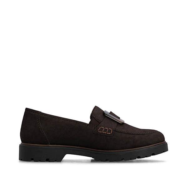 Rieker 45553-25 women's dark brown elasticated shoes, outer side view.