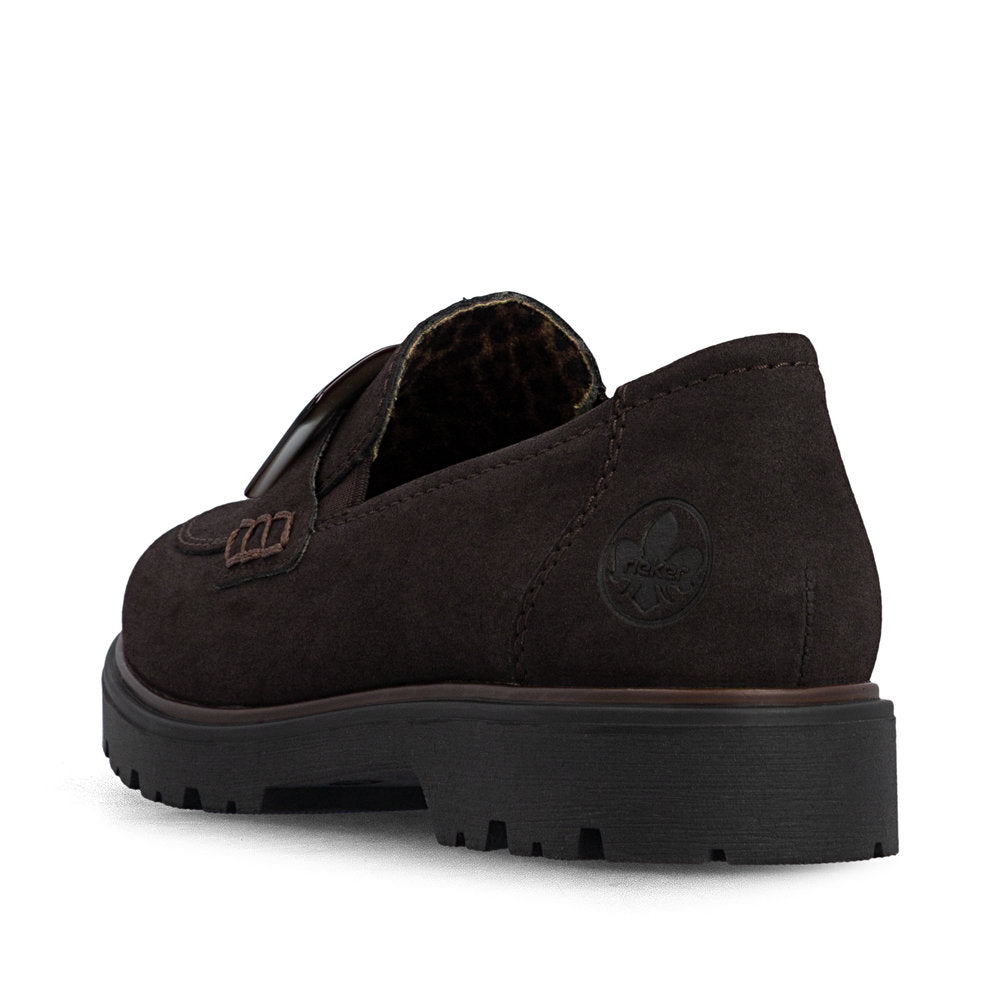 Rieker 45553-25 women's dark brown elasticated shoes, rear three-quarter view.