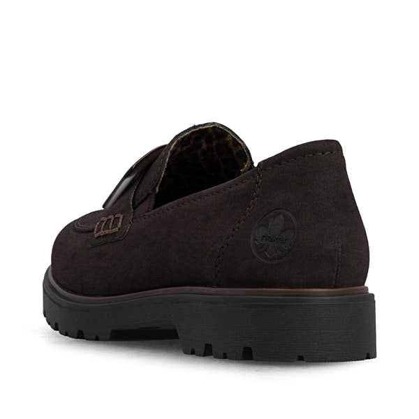 Rieker 45553-25 women's dark brown elasticated shoes, rear three-quarter view.