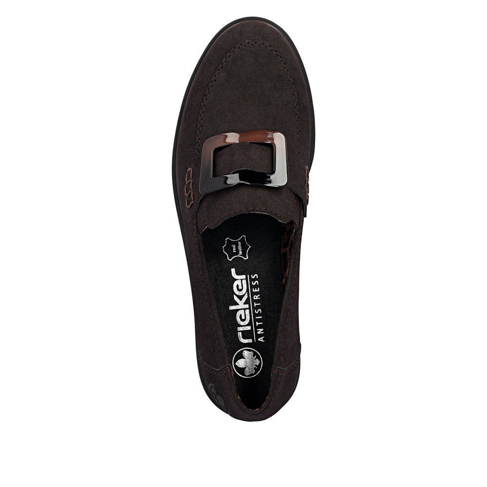 Rieker 45553-25 women's dark brown elasticated shoes, top view.