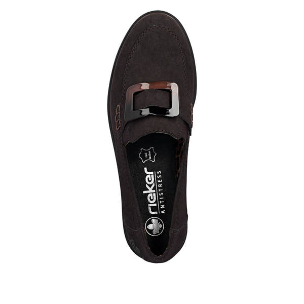 Rieker 45553-25 women's dark brown elasticated shoes, top view.