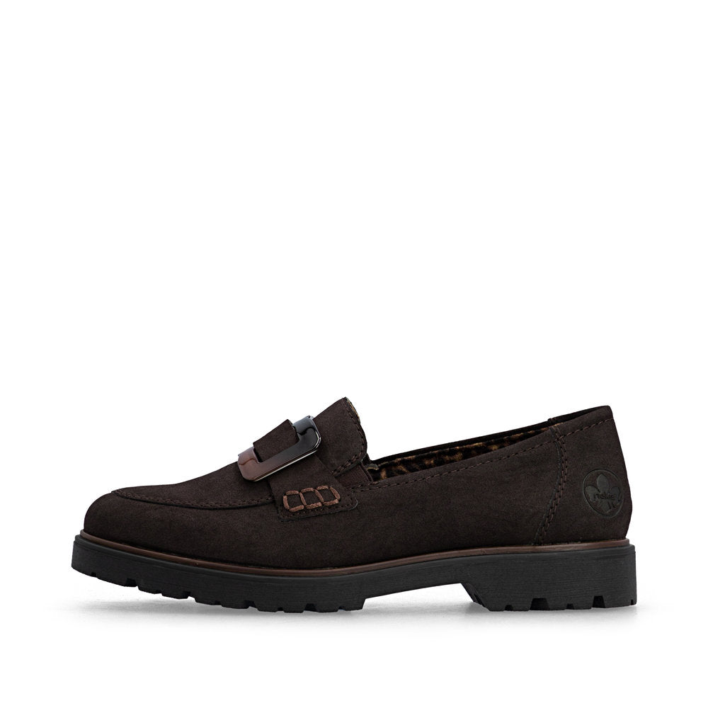 Rieker 45553-25 women's dark brown elasticated shoes, inner side view.