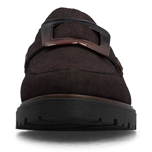 Rieker 45553-25 women's dark brown elasticated shoes, front view.